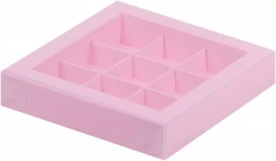 Коробка для конфет с вклеенным окном "сердце" 155*155*30мм розовая матовая (9 конфет), 5 шт Розовый - фото