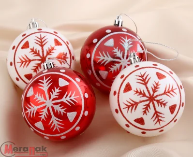 Набор шаров пластик d-8 см, 4 шт "Снежинка" красно-белый арт. 4192483  - фото