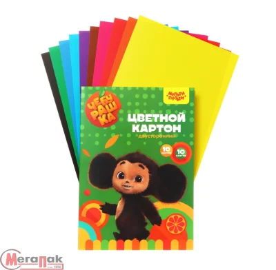 Картон цветной А4 двуст., Мульти-Пульти, 10л., 10цв., мелованный, в папке, "Чебурашка" 357408 Разноцветный - фото