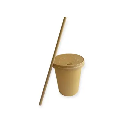Комплект: Стакан бум. 250мл Крафт+Крышка бум Крафт D-80мм+Трубочка бум.крафт 6*197мм 5штук Коричневый - фото