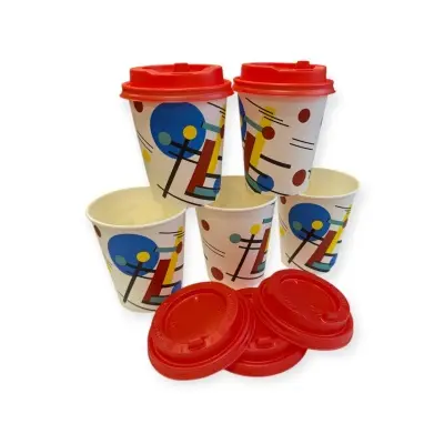 Комплект: Стакан бумажный 250мл для горячего Абстракция 1+ Крышка D80, красная открывающийся питейник, 5шт Разноцветный - фото