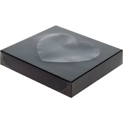 Коробка для конфет с вклеенным окном "сердце" 160*160*30мм черная (9 конфет), 5 шт Черный - фото