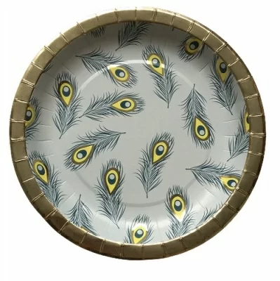 Набор бумажных тарелок с рисунком "Павлиньи перья" 23 см, 8 шт  - фото