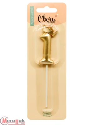 Свеча Цифра, 1 Корона, на шпажке, Золото, Металлик, 3,5*5,5 + 6,5 см, 1 шт. с держат., арт 803071 Золотой - фото