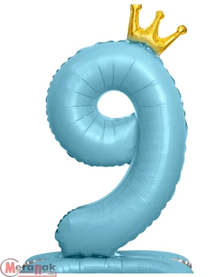 Шар фольга Falali (32''/81 см) Цифра, 9 Золотая корона, на подставке, Голубой, 1 шт.в уп.(надув воздухом) Голубой - фото