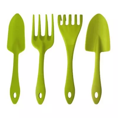 Набор садовых инструментов (лопатка, совок для пересадки, грабельки, вилка для рыхления) салатовый Салатовый - фото