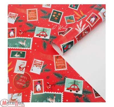 Бумага упаковочная глянцевая "Новогодние марки", 70 х 100 см, 7066049 Красный - фото