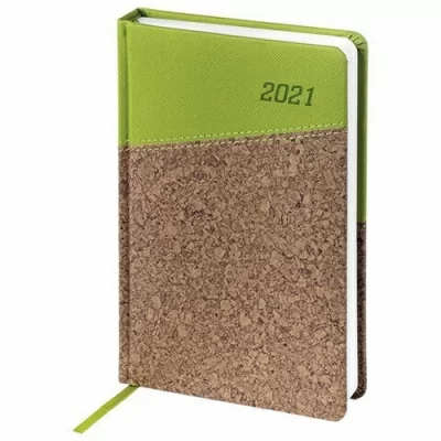Ежедневник датированный 2021 А5 (138*213мм) BRAUBERG Cork кожзам зеленый/коричневый  - фото