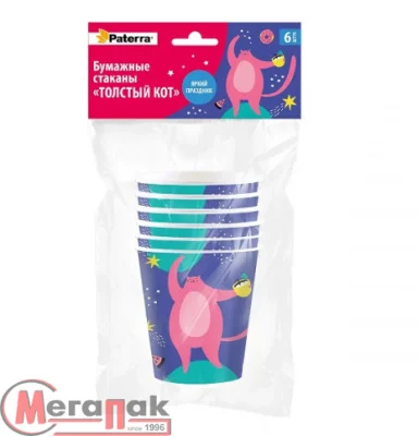 Бум. стаканы «ТОЛСТЫЙ КОТ, 6 шт. в уп., 250 мл, PATERRA, 491-042 (20) Разноцветный - фото