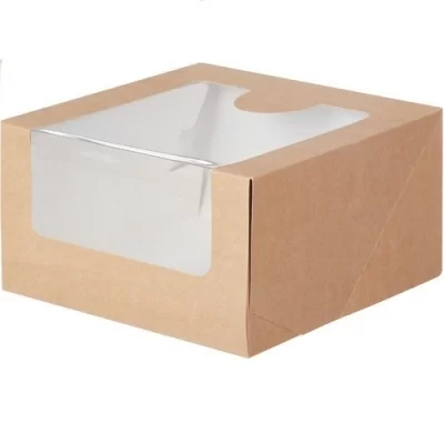 Коробка картонная с окном с крышкой для торта, 180*180*100мм, крафт Коричневый - фото