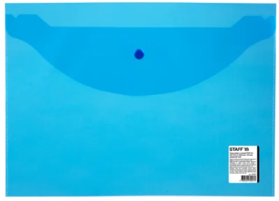 Папка-конверт с кнопкой STAFF А4 до 100 л прозрачная синяя 0,15 мм, 270470 Синий - фото