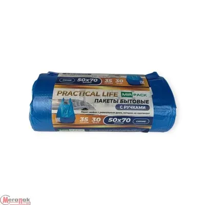 Мешки д/мусора ПНД PRACTICAL LIFE 35л синие в рул. с руч 30шт, 50*70см 12мкм Синий - фото