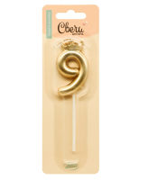 Свеча Цифра, 9 Корона, на шпажке, Золото, Металлик, 3,5*5,5 + 6,5 см, 1 шт. с держат., арт 803079 Золотой - фото