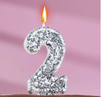 Свеча в торт «Блестки», цифра "2", серебро, 6.5х4 5572706 Серебро - фото