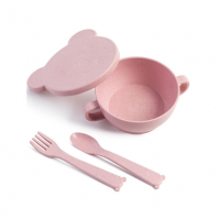 ЭКО посуда Bear миска с крышкой, ложка и вилка, розовый 330 мл Розовый - фото