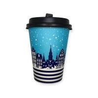 Комплект: Стакан бумажный для горячего 350мл Зима + Крышка черная + Трубочка бумажная белая 6*197мм, 5шт Голубой - фото