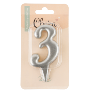 Свеча Цифра, 3 Овал, Серебро, Металлик, 7 см, 1 шт., арт 1559 Серебро - фото