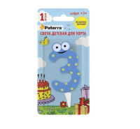 Свеча детская для торта, цифра 3, 1 шт. в упаковке, PATERRA, 401-524 (24) Голубой - фото