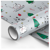 Бумага упаковочная глянцевая «Christmas cat», 70*100 см, 80г/м2, MESHU, 372646 Серый - фото