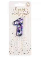 Свеча Цифра, 1 Пузырьки, на шпажке, Сиреневый, Металлик, 4*5,5 + 4 см, 1 шт. с держат., арт. 5581 Сиреневый - фото