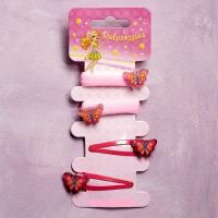 Набор для волос "Мини" 3,5 см (2 резинки, 2 зажима), бабочки: розовый, красный    - фото