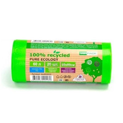 Мешки д/мусора ПНД Pure Ecology 60 л био зеленые в рул. 20шт, 12мкм (32), арт.bio602078 Зеленый - фото