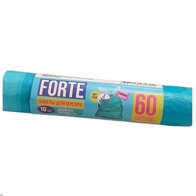 Мешки для мусора ПСД 60 л 16 мкм 58*68 см Forte арт. 16976 бирюзовые с завязками 10 шт/рул Бирюзовый - фото