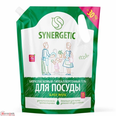 Гель д/мытья посуды SYNERGETIC 1,5л (дой-пак), Алоэ, 103752 (4)   - фото