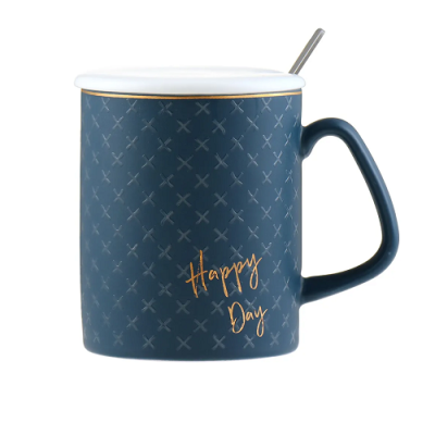 Кружка с крышкой и ложкой "Happy Day" (синяя) v=380 мл Синий - фото