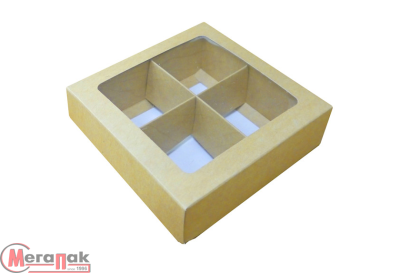 Коробка для конфет 4шт с вклеенным окном 120*120*30 мм (крафт), 1 шт, 051081 (50) Коричневый - фото