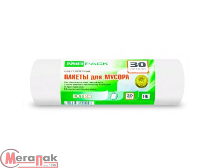 Мешки д/мусора ПНД MIRPACK-"EXTRA" 30л, белые в рул. 20 шт, 12мкм (33), 3020502 Белый - фото
