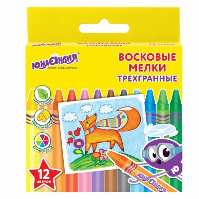 Восковые мелки трехгранные ЮНЛАНДИЯ "ЮНЛАЛДИК и МУДРЫЙ ЛИС", НАБОР 12 цветов, 227289  - фото