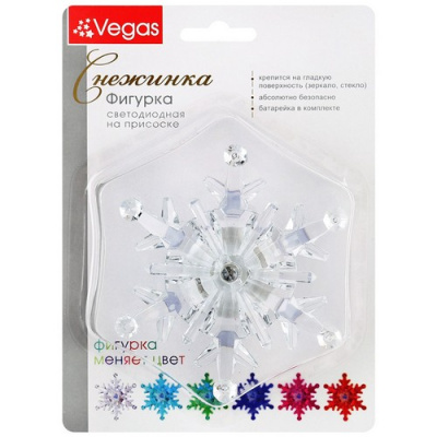 Фигурка "Снежинка" VEGAS светодиодная на присоске 9,5*9,5 см, меняет цвет, с батарейкой/48, арт. 55055 Прозрачный - фото