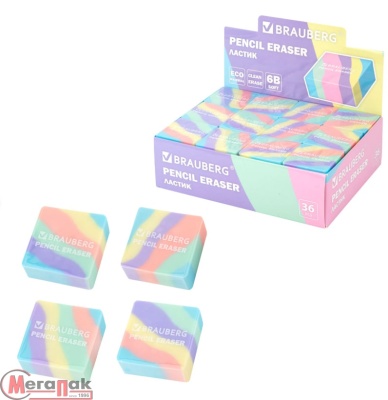 Ластик кросс-серия PASTEL, 34х34х14 мм, квадратный, микс, ЭКО ПВХ, BRAUBERG, 273210 (36) Разноцветный - фото