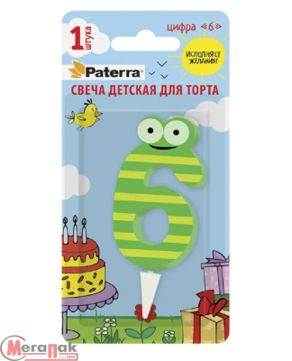 Свеча детская для торта, цифра 6, 1 шт. в упаковке, PATERRA, 401-527 (24) Салатовый - фото