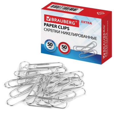 Скрепки EXTRA BRAUBERG 50 мм никелированные 100 штук, 271314  - фото