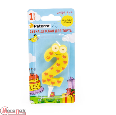 Свеча детская для торта, цифра 2, 1 шт. в упаковке, PATERRA, 401-523 (24) Желтый - фото