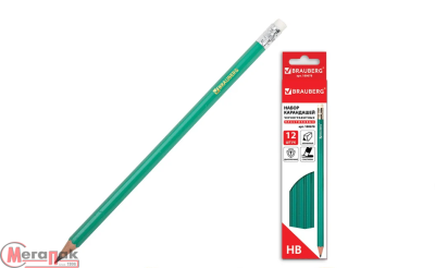 Карандаш чернографитный HB, BRAUBERG, 12шт, с резинкой, пластик.зеленый корпус, 180678 Графитовый - фото