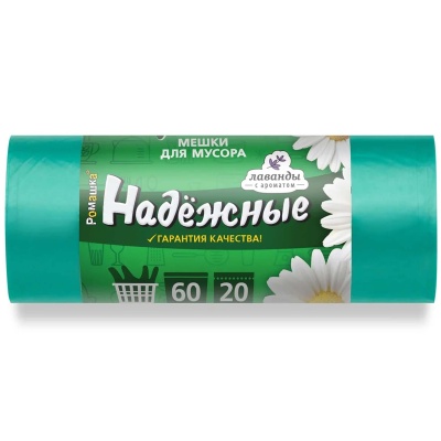 Мешки для мусора ПСД 60 л 15 мкм 60*74 см Надежные Ромашка арт. ВЛ-068-20У зеленые с завязками 20 шт/рул Зеленый - фото