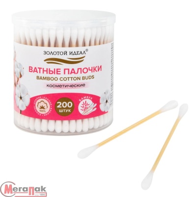 Ватные палочки 200 шт., бамбуковый стик, 100% хлопок, пластиковый стакан, ЗОЛОТОЙ ИДЕАЛ, 116557 Бамбук - фото