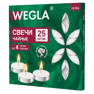 Свечи чайные литые WEGLA EXTRA, до 4 часов горения, вес 10г, комплект 25шт, 702570 (10)  - фото