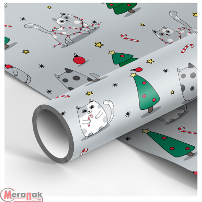 Бумага упаковочная глянцевая «Christmas cat», 70*100 см, 80г/м2, MESHU, 372646 Серый - фото