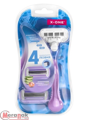 Станок для бритья женский многоразовый X-ONE 4 лезвия, 2 кассеты, плавающ. головка, 700018 Розовый - фото