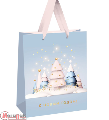 Пакет подарочный «Christmas trees», 18*23*10 см, фольга, матовая ламинация, MESHU Голубой - фото