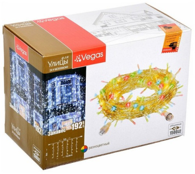 Электрогирлянда-конструктор "Занавес" VEGAS 24V, 192 разноцветных LED ламп, 6 нитей, прозрачный провод, 1*4м/32/4, арт. 55095  - фото