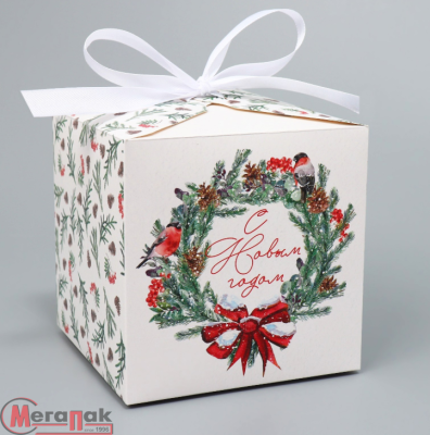 Коробка складная квадратная с лентой «С Новым годом» 12 × 12 × 12 см, 9756554 Белый - фото