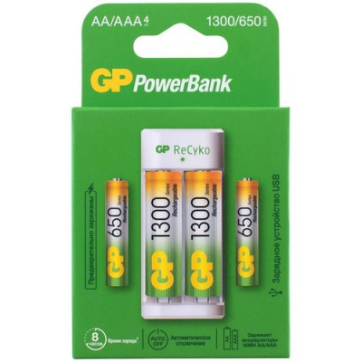 Зарядное устройство USB GP E211130/65-2CRВ4,2сл.АА/ААА в компл.:2*АА1300мАч,2*ААА 650мАч(12)  - фото