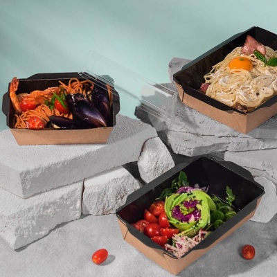 Контейнер бумажный OSQ OpSalad 500 Black Wood 164*115*45 мм с крышкой черный/крафт 50 шт.  - фото
