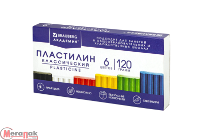 Пластилин классический BRAUBERG "АКАДЕМИЯ КЛАССИЧЕСКАЯ", 6 цв., 120 г, стек, ВЫСШЕЕ КАЧЕСТВО 106440 Разноцветный - фото