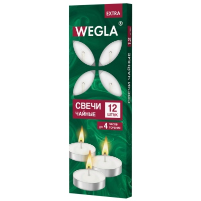 Свечи чайные литые WEGLA EXTRA, до 4 часов горения, вес 10г, комплект 12шт, в гильзе, 702569 (15)  - фото
